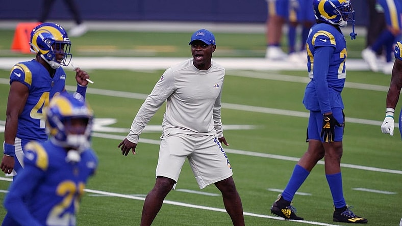Aug 22, 2020; Inglewood California, USA; Los Angeles Rams safety coach Ejiro Evero  during a scrimmage at SoFi Stadium. Mandatory Credit: Kirby Lee-USA TODAY Sports