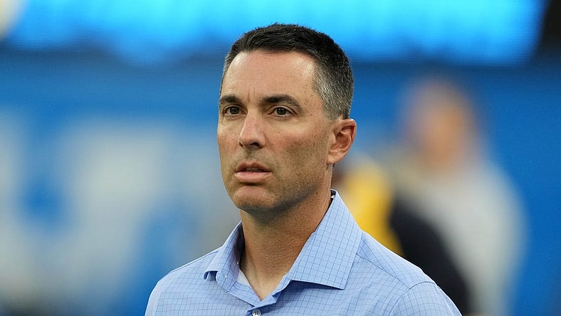 Aug 13, 2022; Inglewood, California, USA; Los Angeles Chargers general manager Tom Telesco watches during the game against the Los Angeles Rams at SoFi Stadium. Mandatory Credit: Kirby Lee-USA TODAY Sports