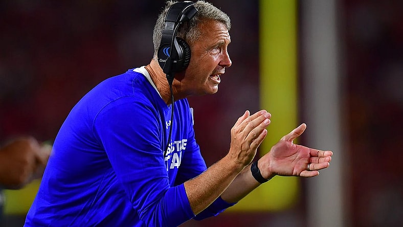 Aug 26, 2023; Los Angeles, California, USA; San Jose State Spartans head coach Brent Brennan watches game action against the Southern California Trojans during the second half at Los Angeles Memorial Coliseum. Mandatory Credit: Gary A. Vasquez-USA TODAY Sports