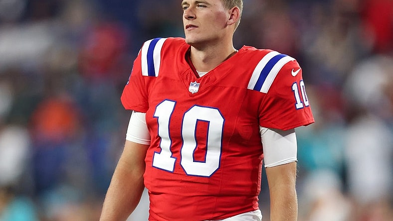 Sep 17, 2023; Foxborough, Massachusetts, USA; New England Patriots quarterback Mac Jones (10) reacts before playing the Miami Dolphins at Gillette Stadium. Mandatory Credit: Paul Rutherford-USA TODAY Sports