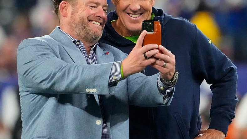 Oct 2, 2023; East Rutherford, New Jersey, USA; Seattle Seahawks head coach Pete Carroll with GM John Schneider pre game at MetLife Stadium. Mandatory Credit: Robert Deutsch-USA TODAY Sports