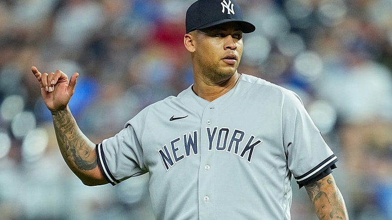 Sep 30, 2023; Kansas City, Missouri, USA; New York Yankees starting pitcher Frankie Montas (47) during the sixth inning against the Kansas City Royals at Kauffman Stadium. Mandatory Credit: Jay Biggerstaff-USA TODAY Sports
