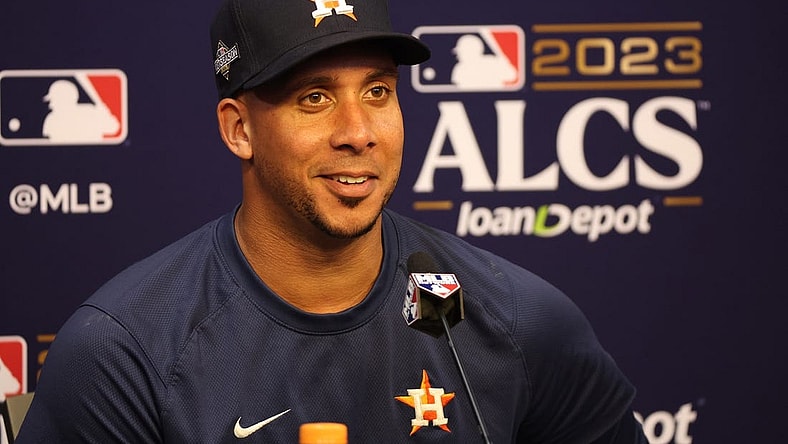 Oct 16, 2023; Houston, Texas, USA; Houston Astros designated hitter Michael Brantley (23) talks in a press conference before game two against the Texas Rangers in the ALCS for the 2023 MLB playoffs at Minute Maid Park. Mandatory Credit: Thomas Shea-USA TODAY Sports