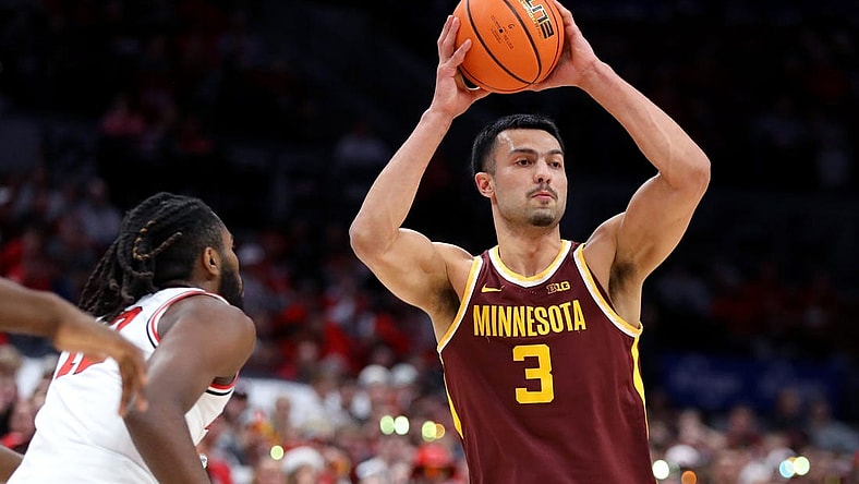 Dec 3, 2023; Columbus, Ohio, USA; Minnesota Golden Gophers forward Dawson Garcia (3) looks to pass as Ohio State Buckeyes guard Evan Mahaffey (12) during the first half at Value City Arena. Mandatory Credit: Joseph Maiorana-USA TODAY Sports
