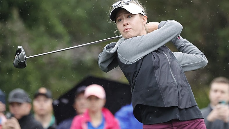 Dec 16, 2023; Orlando, Florida, USA; Nelly Korda plays her shot from the sixth tee during the PNC Championship at The Ritz-Carlton Golf Club. Mandatory Credit: Reinhold Matay-USA TODAY Sports