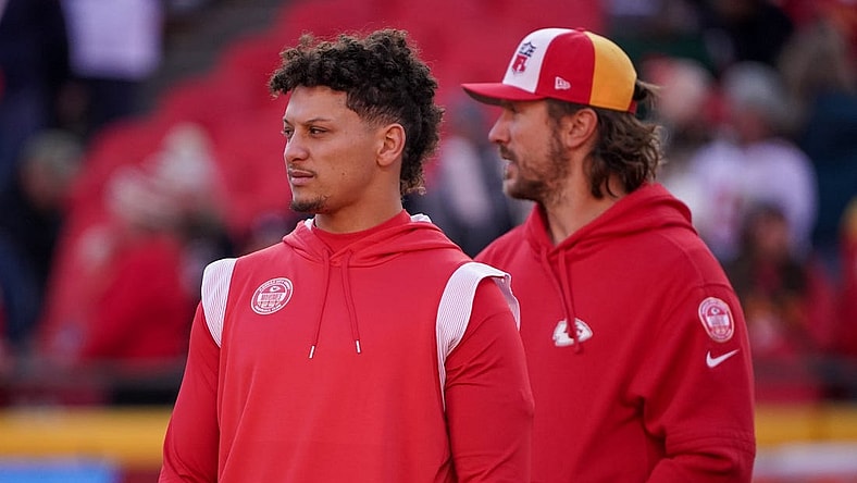Dec 10, 2023; Kansas City, Missouri, USA; Kansas City Chiefs quarterback Patrick Mahomes (15) and quarterback Blaine Gabbert (9) on field against the Buffalo Bills prior to a game at GEHA Field at Arrowhead Stadium. Mandatory Credit: Denny Medley-USA TODAY Sports
