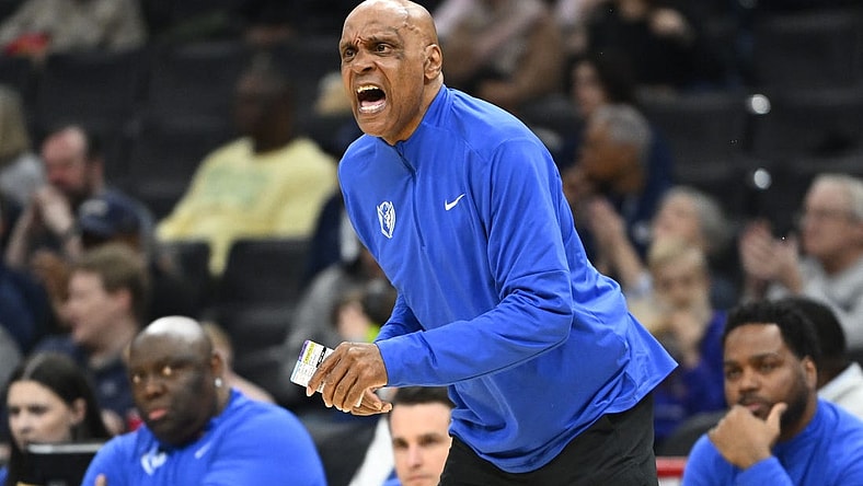 Jan 6, 2024; Washington, District of Columbia, USA; DePaul Blue Demons head coach Tony Stubblefield reacts against the Georgetown Hoyas during the first half at Capital One Arena. Mandatory Credit: Brad Mills-USA TODAY Sports