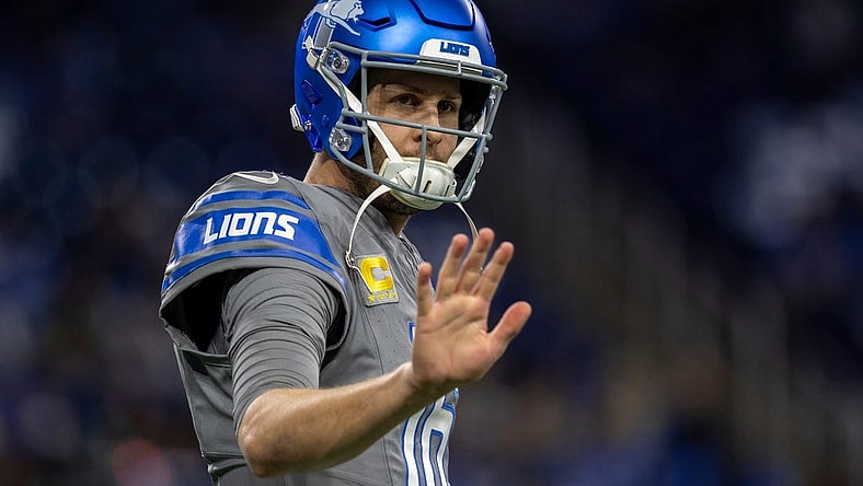 Detroit Lions quarterback Jared Goff waves during pregame warmups before the start of the game against the Minnesota Vikings at Ford Field in Detroit on Sunday, Jan. 7, 2024.