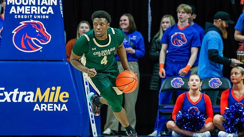 Jan 9, 2024; Boise, Idaho, USA; Colorado State Rams guard Isaiah Stevens (4) dribbles the ball up court during the first half against the Boise State Broncos at ExtraMile Arena. Mandatory Credit: Brian Losness-USA TODAY Sports