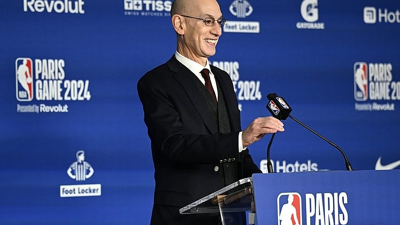 Jan 11, 2024; Paris, FRANCE; NBA commissioner Adam Silver speaks before a NBA Game between the Brooklyn Nets and the Cleveland Cavaliers at AccorHotels Arena. Mandatory Credit:  Alexis Reau/Presse Sports via USA TODAY Sports