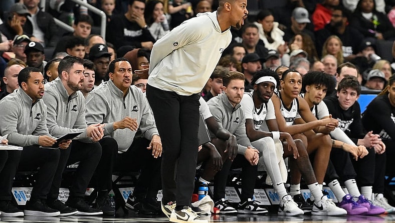 Jan 13, 2024; Providence, Rhode Island, USA; Providence Friars head coach Kim English reacts during the first half against the Xavier Musketeers at Amica Mutual Pavilion. Mandatory Credit:Eric Canha-USA TODAY Sports