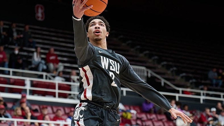 Jan 18, 2024; Stanford, California, USA; Washington State Cougars guard Myles Rice (2) shoots the ball against the Stanford Cardinal  during the first half at Maples Pavilion. Mandatory Credit: Robert Edwards-USA TODAY Sports
