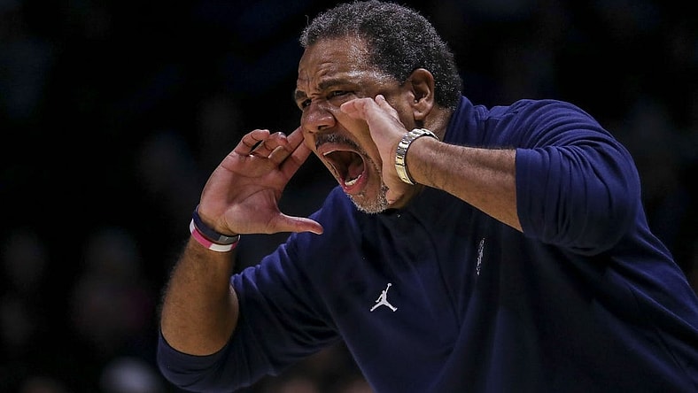 Jan 19, 2024; Cincinnati, Ohio, USA; Georgetown Hoyas head coach Ed Cooley yells to his team during the second half against the Xavier Musketeers at Cintas Center. Mandatory Credit: Katie Stratman-USA TODAY Sports