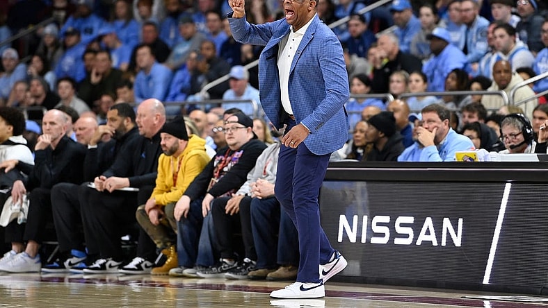 Jan 20, 2024; Chestnut Hill, Massachusetts, USA; North Carolina Tar Heels head coach Hubert Davis reacts to game action against the Boston College Eagles during the second half at Conte Forum. Mandatory Credit: Eric Canha-USA TODAY Sports
