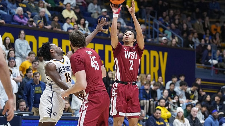 Jan 20, 2024; Berkeley, California, USA; Washington State Cougars guard Myles Rice (2) shoots against California Golden Bears guard Jalen Cone (15) during the first half at Haas Pavilion. Mandatory Credit: Darren Yamashita-USA TODAY Sports
