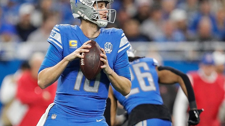 Detroit Lions quarterback Jared Goff (16) looks to pass against Tampa Bay Buccaneers during the first half of the NFC divisional round at Ford Field in Detroit on Sunday, Jan. 21, 2024.