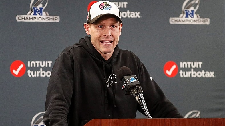 Detroit Lions offensive coordinator Ben Johnson speaks at Detroit Lions headquarters and training facility in Allen Park on Thursday, Jan. 25, 2024.