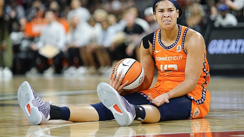 Sep 13, 2022; Las Vegas, Nevada, USA; Connecticut Sun forward Brionna Jones (42) reacts to a call during the second quarter against the Las Vegas Aces in game two of the WNBA Finals at Michelob Ultra Arena. Mandatory Credit: Lucas Peltier-USA TODAY Sports