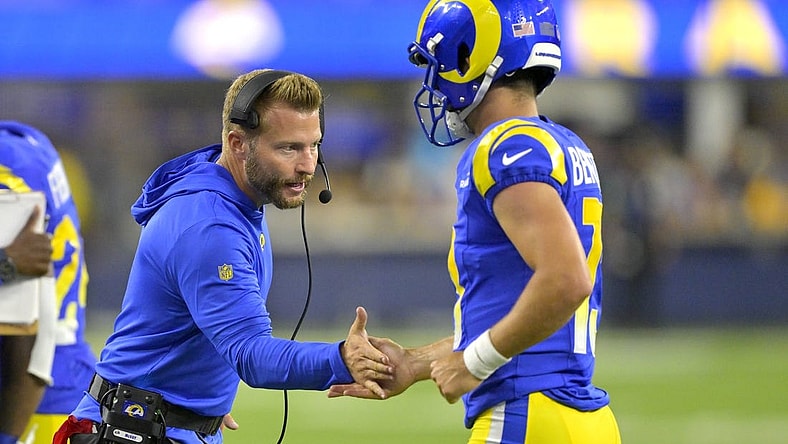 Aug 12, 2023; Inglewood, California, USA; Los Angeles Rams coach Sean McVay congratulates quarterback Stetson Bennett (13) after a touchdown in the second half against the Los Angeles Chargers at SoFi Stadium. Mandatory Credit: Jayne Kamin-Oncea-USA TODAY Sports