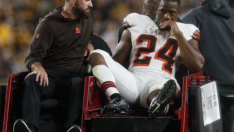 Sep 18, 2023; Pittsburgh, Pennsylvania, USA;  Cleveland Browns running back Nick Chubb (24) is taken from the field on a cart after suffering an apparent injury against the Pittsburgh Steelers during the second quarter at Acrisure Stadium. Mandatory Credit: Charles LeClaire-USA TODAY Sports