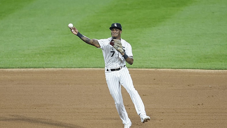 Sep 30, 2023; Chicago, Illinois, USA; Chicago White Sox shortstop Tim Anderson (7) throws to first base for San Diego Padres out during the sixth inning at Guaranteed Rate Field. Mandatory Credit: Kamil Krzaczynski-USA TODAY Sports