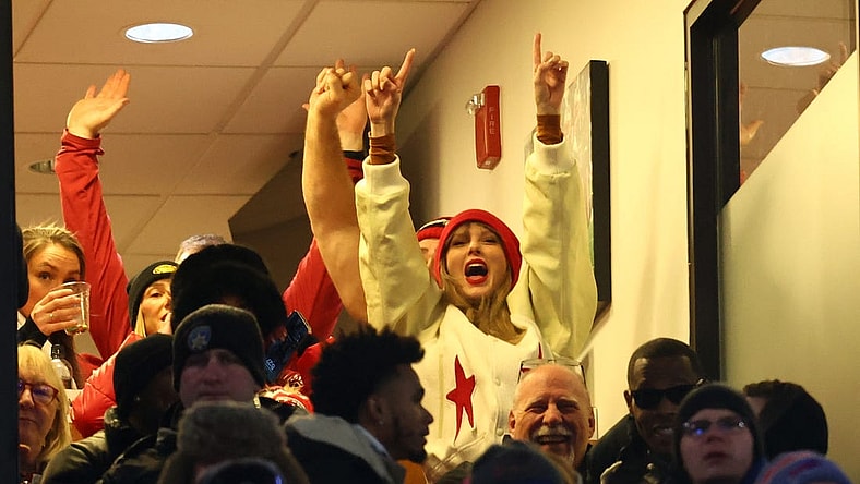 Jan 21, 2024; Orchard Park, New York, USA; Taylor Swift reacts after Kansas City Chiefs tight end Travis Kelce (not pictured) scores a touchdown in the 2024 AFC divisional round game between against the Buffalo Bills at Highmark Stadium. Mandatory Credit: Mark J. Rebilas-USA TODAY Sports