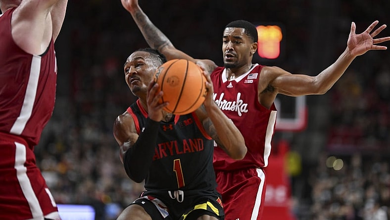Jan 27, 2024; College Park, Maryland, USA;  Maryland Terrapins guard Jahmir Young (1) makes a move in the paint during the second half against the Nebraska Cornhuskers at Xfinity Center. Mandatory Credit: Tommy Gilligan-USA TODAY Sports