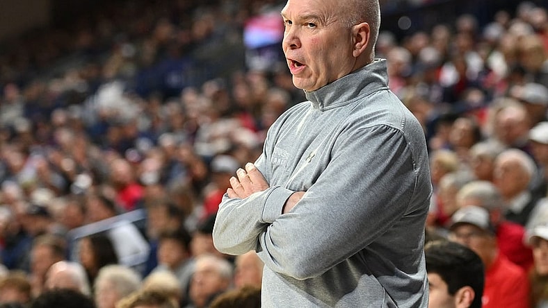 Feb 3, 2024; Spokane, Washington, USA; St. Mary's Gaels head coach Randy Bennett looks on against the Gonzaga Bulldogs in the first half at McCarthey Athletic Center. Mandatory Credit: James Snook-USA TODAY Sports