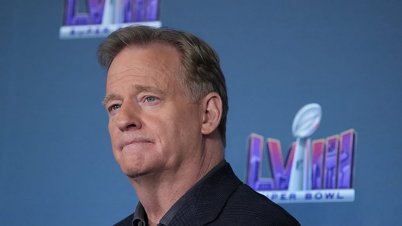 Feb 5, 2024; Las Vegas, NV, USA; NFL commissioner Roger Goodell speaks at a press conference in advance of Super Bowl LVIII between the Kansas City Chiefs and San Francisco 49ers at Allegiant Stadium. Mandatory Credit: Kirby Lee-USA TODAY Sports