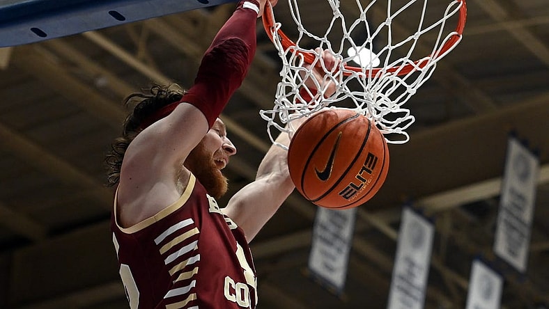 Feb 10, 2024; Durham, North Carolina, USA; Boston College Eagles guard Mason Madsen (45) dunks against the Duke Blue Devils during the first half at Cameron Indoor Stadium. Mandatory Credit: Rob Kinnan-USA TODAY Sports
