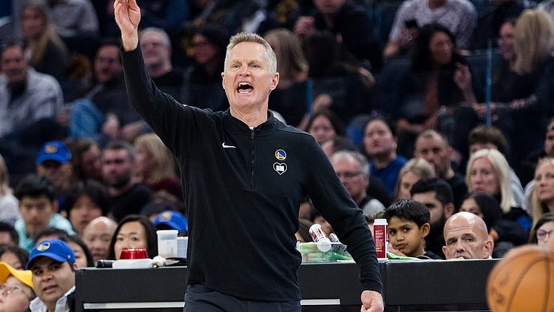 Feb 10, 2024; San Francisco, California, USA; Golden State Warriors head coach Steve Kerr reacts during the first half of the game against the Phoenix Sunsat Chase Center. Mandatory Credit: John Hefti-USA TODAY Sports
