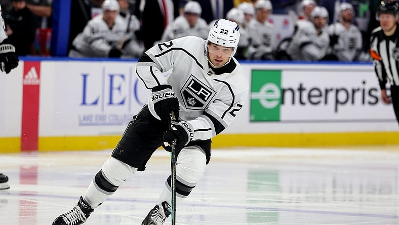 Feb 13, 2024; Buffalo, New York, USA;  Los Angeles Kings left wing Kevin Fiala (22) controls the puck during the third period against the Buffalo Sabres at KeyBank Center. Mandatory Credit: Timothy T. Ludwig-USA TODAY Sports