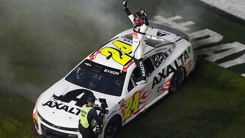 William Byron celebrates after winning the Daytona 500 at Daytona International Speedway, Monday, Feb. 19, 2024.