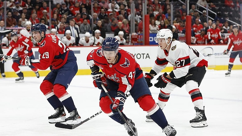 Feb 26, 2024; Washington, District of Columbia, USA; Washington Capitals left wing Beck Malenstyn (47) skates with the puck as Ottawa Senators left wing Parker Kelly (27) chases in the first period at Capital One Arena. Mandatory Credit: Geoff Burke-USA TODAY Sports