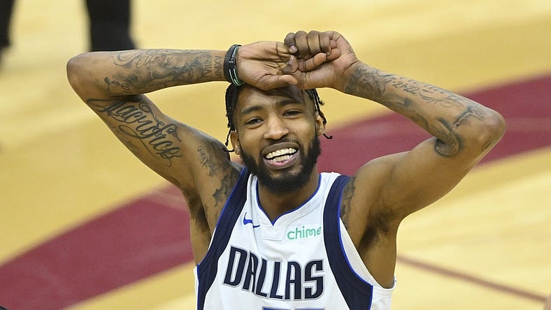 Feb 27, 2024; Cleveland, Ohio, USA; Dallas Mavericks forward Derrick Jones Jr. (55) reacts in the fourth quarter against the Cleveland Cavaliers at Rocket Mortgage FieldHouse. Mandatory Credit: David Richard-USA TODAY Sports
