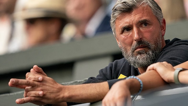 Jul 11, 2023; London, United Kingdom; Goran Ivanisevic in attendance for the Novak Djokovic (SRB) and Andrey Rublev match on day nine at the All England Lawn Tennis and Croquet Club. Mandatory Credit: Susan Mullane-USA TODAY Sports
