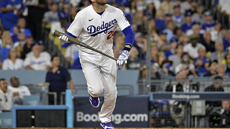 Oct 9, 2023; Los Angeles, California, USA; Los Angeles Dodgers designated hitter J.D. Martinez (28) hits a home run against the Arizona Diamondbacks during the fourth inning for game two of the NLDS for the 2023 MLB playoffs at Dodger Stadium. Mandatory Credit: Jayne Kamin-Oncea-USA TODAY Sports