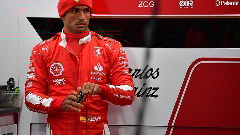 Nov 17, 2023; Las Vegas, Nevada, USA; Scuderia Ferrari driver Carlos Sainz Jr. of Spain (55) before free practice at Las Vegas Strip Circuit. Mandatory Credit: Gary A. Vasquez-USA TODAY Sports