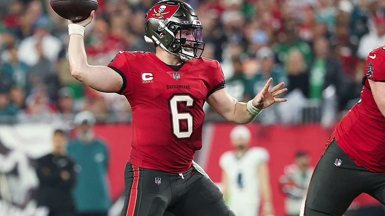 Jan 15, 2024; Tampa, Florida, USA; Tampa Bay Buccaneers quarterback Baker Mayfield (6) throws against the Philadelphia Eagles during the first half of a 2024 NFC wild card game at Raymond James Stadium. Mandatory Credit: Kim Klement Neitzel-USA TODAY Sports