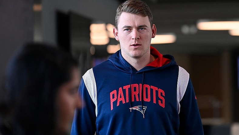 Jan 17, 2024; Foxborough, MA, USA; New England Patriots quarterback Mac Jones (10) arrives to a press conference held at Gillette Stadium to announce the team's hiring of new head coach Jerod Mayo (not pictured). Mandatory Credit: Eric Canha-USA TODAY Sports