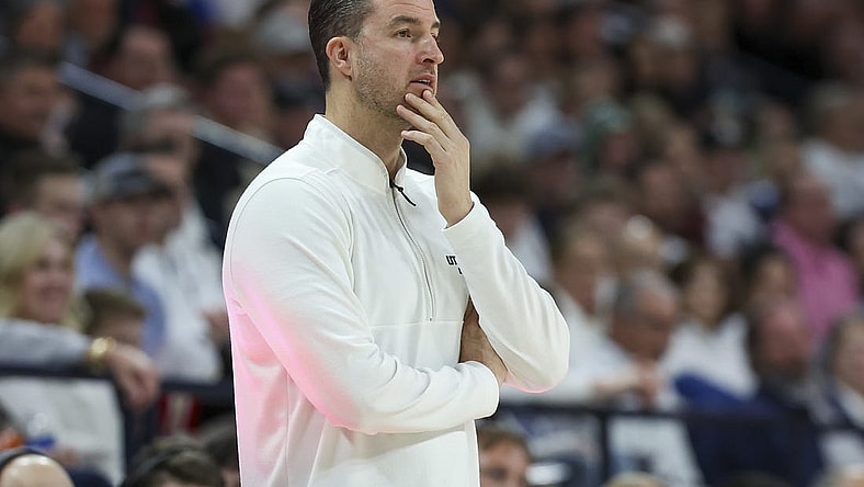 Jan 30, 2024; Logan, Utah, USA; Utah State Aggies head coach Danny Sprinkle looks on during the first half against the San Jose State Spartans at Dee Glen Smith Spectrum. Mandatory Credit: Rob Gray-USA TODAY Sports
