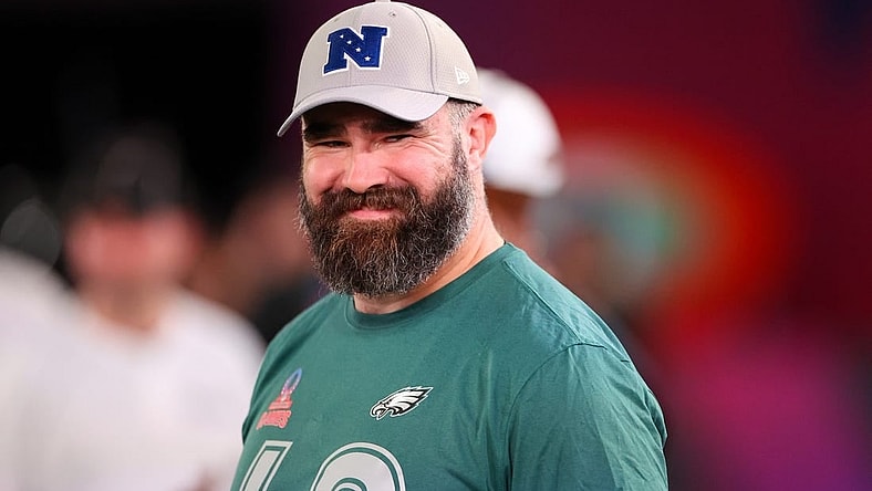 Feb 1, 2024; Orlando, FL, USA; Philadelphia Eagles center Jason Kelce (62) participates in the NFL Pro Bowl Skills Competition at the UCF NIcholson Fieldhouse. Mandatory Credit: Nathan Ray Seebeck-USA TODAY Sports