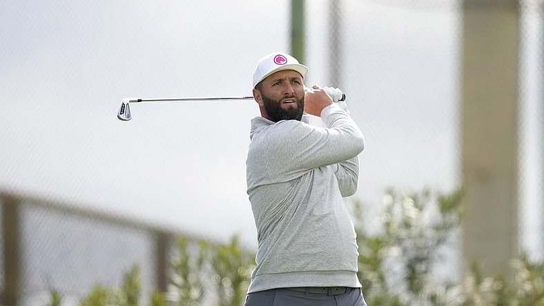 Feb 9, 2024; Las Vegas, Nevada, USA; Jon Rahm plays his shot from the 16th tee during the second round of the LIV Golf Las Vegas tournament at Las Vegas Country Club. Mandatory Credit: Lucas Peltier-USA TODAY Sports