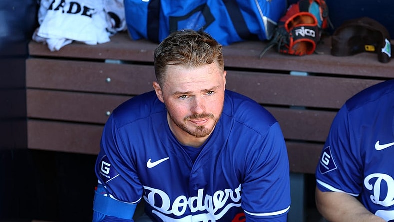 Feb 22, 2024; Peoria, Arizona, USA; Los Angeles Dodgers infielder Gavin Lux against the San Diego Padres during a spring training game at Peoria Sports Complex. Mandatory Credit: Mark J. Rebilas-USA TODAY Sports