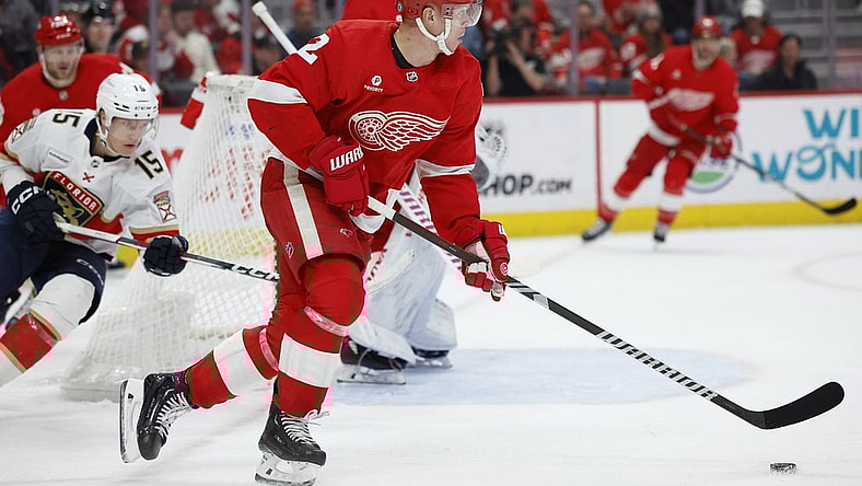 Mar 2, 2024; Detroit, Michigan, USA; Detroit Red Wings defenseman Olli Maatta (2) skates with the puck in the third period against the Florida Panthers at Little Caesars Arena. Mandatory Credit: Rick Osentoski-USA TODAY Sports