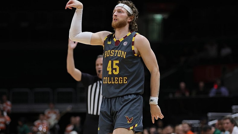 Mar 6, 2024; Coral Gables, Florida, USA; Boston College Eagles guard Mason Madsen (45) watches his shot against the Miami Hurricanes during the first half at Watsco Center. Mandatory Credit: Sam Navarro-USA TODAY Sports