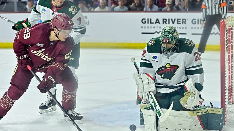 Mar 7, 2024; Tempe, Arizona, USA; Minnesota Wild goaltender Marc-Andre Fleury (29) makes a save on Arizona Coyotes center Barrett Hayton (29) in the second period at Mullett Arena. Mandatory Credit: Matt Kartozian-USA TODAY Sports