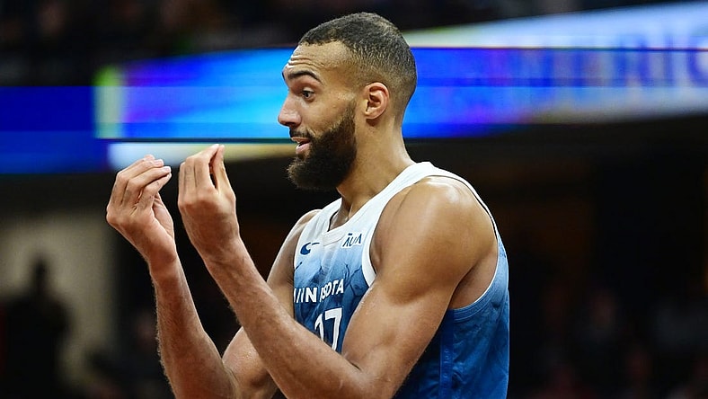 Mar 8, 2024; Cleveland, Ohio, USA; Minnesota Timberwolves center Rudy Gobert (27) reacts after fouling out during the second half against the Cleveland Cavaliers at Rocket Mortgage FieldHouse. Mandatory Credit: Ken Blaze-USA TODAY Sports