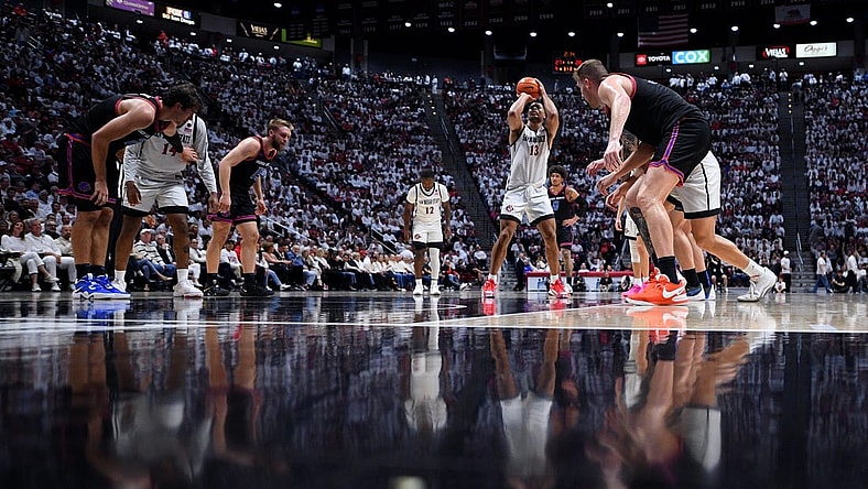 Mar 8, 2024; San Diego, California, USA; San Diego State Aztecs forward Jaedon LeDee (13) shoots a free throw against the Boise State Broncos during the first half at Viejas Arena. Mandatory Credit: Orlando Ramirez-USA TODAY Sports
