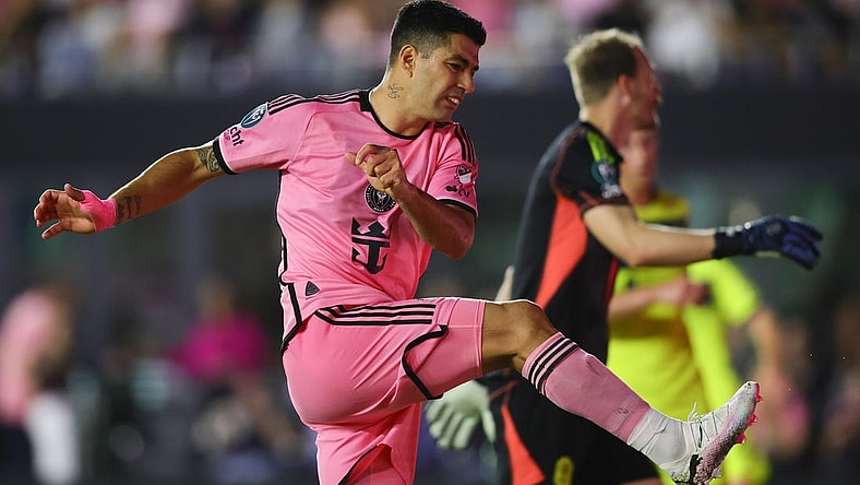 Mar 13, 2024; Fort Lauderdale, FL, USA; Inter Miami CF forward Luis Suarez (9) reacts against Nashville SC during the second half at Chase Stadium. Mandatory Credit: Sam Navarro-USA TODAY Sports
